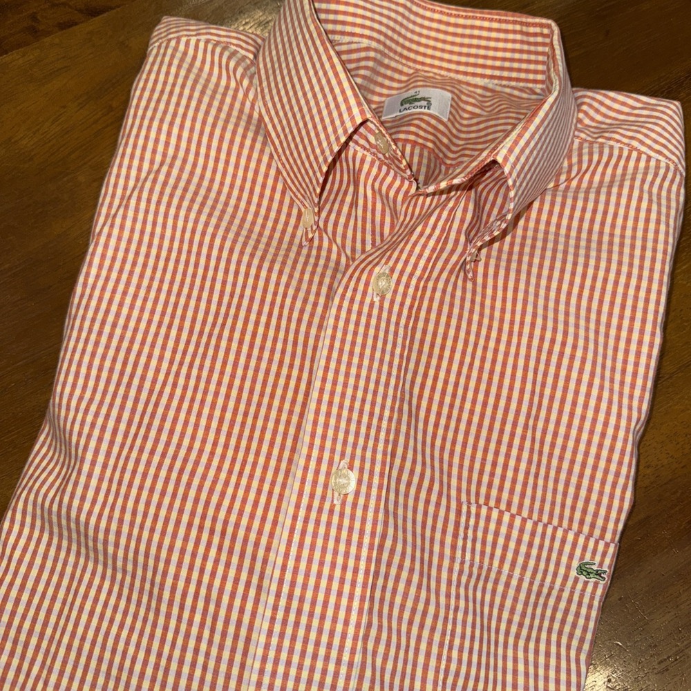 Lacoste Men's Button Down Short Sleeve Cotton Shirt Orange Check Size 41 (L)